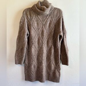 Sundance Taupe Cowl Turtle Neck Loose Weave Wool Blend Tunic Sweater Dress Sz S
